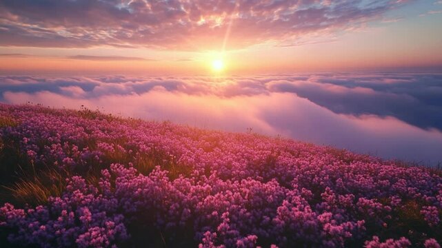 Sunrise over a mountaintop meadow blanketed in vibrant pink flowers with clouds