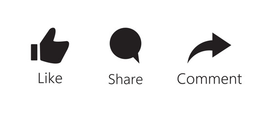 Like Share comment and icon buttons isolated on transparent background. Like button, thumb up, love and heart, comment, repost and share icon button. Vector flat and line collection