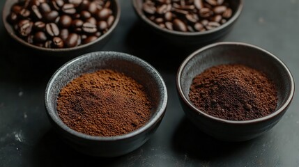 Coffee Beans and Ground Coffee Displayed in Small Bowls for Preparation