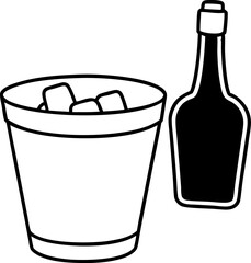 Ice Bucket With Bottle Line Art Vector Illustration