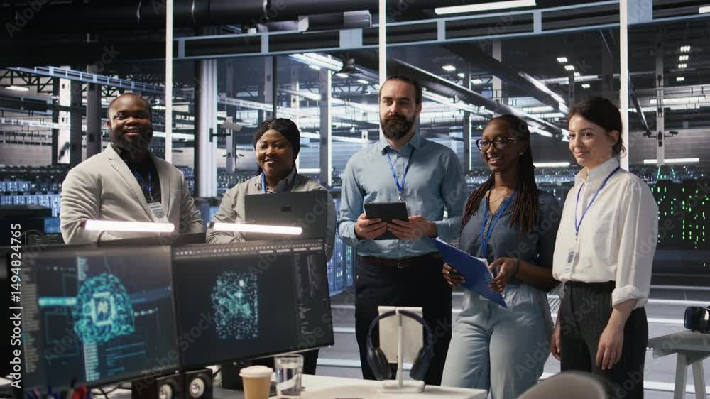 Poster happy data center engineering team members collaborating on neural network software development. smi
