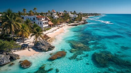 Aerial tropical seascape with turquoise ocean waves gently touching pristine white sand beach under natural sunlight, vibrant summer coastal landscape with clear water and blurred horizon.

