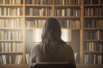 Woman contemplating bookshelves in cozy library setting