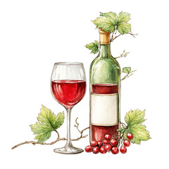 Watercolor style painting features red wine bottle with glass and grapes.