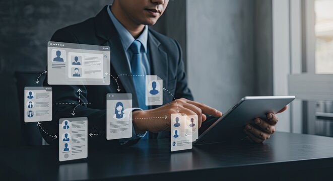 Futuristic HR. Business team targets candidates like customers on interactive screen. Hiring selection. HR manager selects job applicant using customer targeting data on digital display