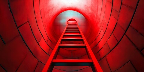 Obraz premium Red tunnel with a metal ladder leading upward.