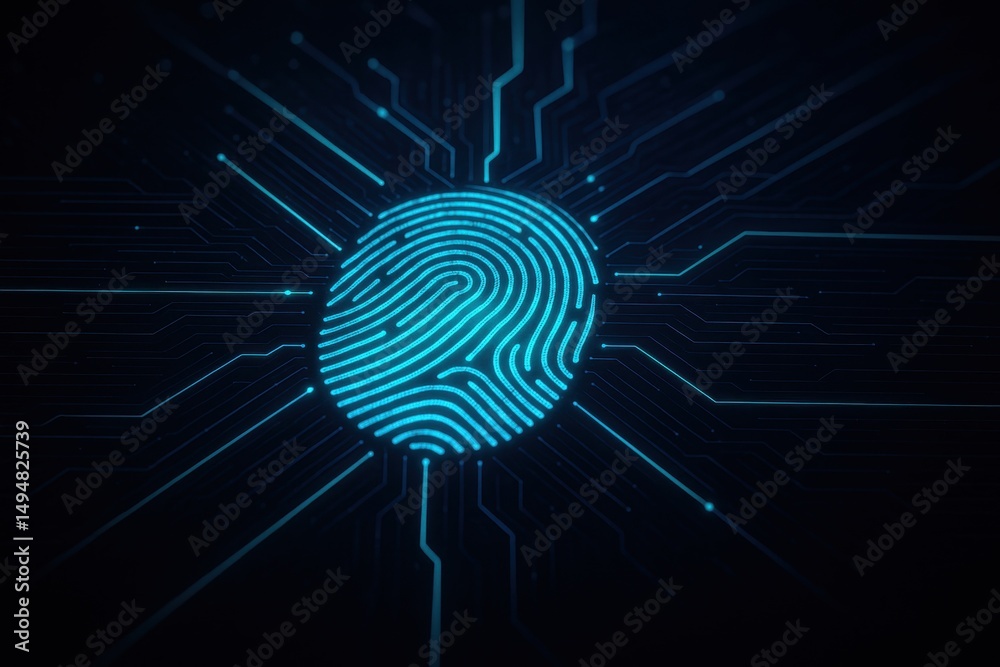 Poster digital fingerprint technology with circuit background for cybersecurity concepts and identity verif