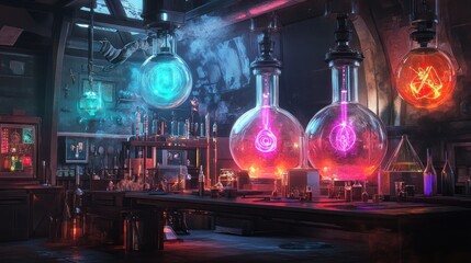 Mystical lab glowing with colorful chemical experiments