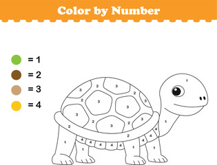 Color by numbers. Coloring page for kids. Coloring with cute tortoise. Vector illustration