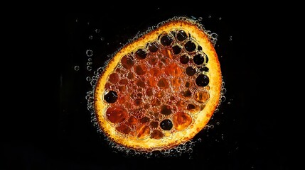 Orange Slice Under Water with Bubbles on Black Background
