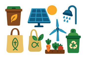 Sustainable energy and recycling icons set – flat, filled, eco-friendly symbols