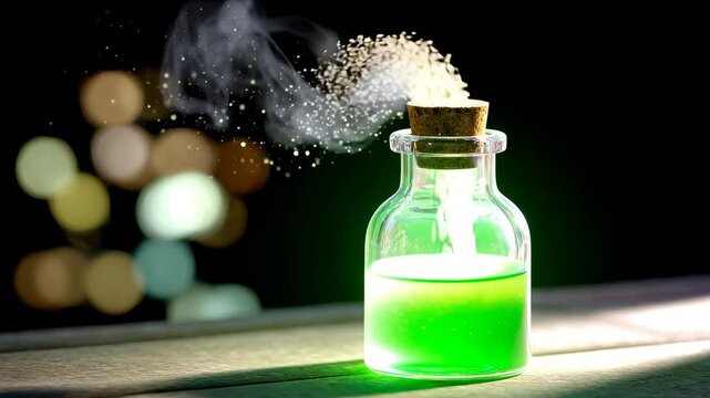 Glowing green potion bottle with cork, emitting magical smoke and sparkles, fantasy elixir wooden table, mysterious and enchanting atmosphere, magical glass bottle with glowing liquid, sparkling