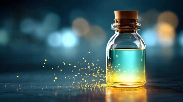 Glass bottle with glowing blue and yellow liquid, magical fantasy potion, sparkles and enchanting light, mysterious elixir table, dreamy alchemy atmosphere, closeup of vibrant illuminated mystical
