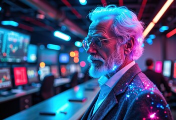 Elderly man with white hair and beard in a high-tech environment illuminated by colorful neon lights