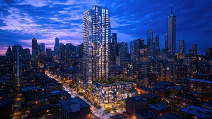 Obraz premium A Tall Modern Glass Skyscraper Dominates the Cityscape At Dusk