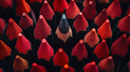 Close Up of Red Colored Pencils with a Unique Black Pencil