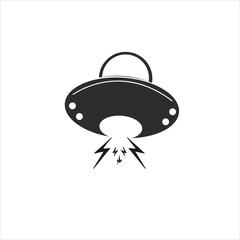 Futuristic flying saucer outlined in neon green above planetary ring background design

