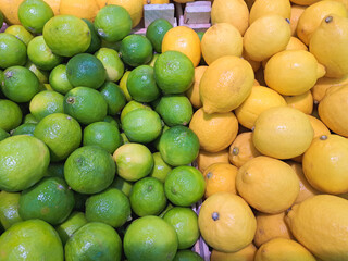 A large pile of fresh exotic fruits - lemons and limes