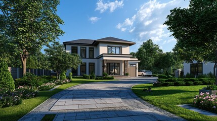 Fototapeta premium A large modern house with landscaping and a long driveway