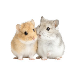 Two adorable dwarf hamsters are sitting together isolated on white background.
