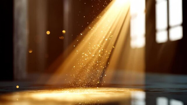 Sunlight streaming through window illuminates floating dust particles warm, tranquil atmosphere, creating magical, peaceful scene with soft golden light and gentle shadows, as golden sunlight streams