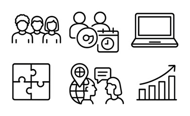 Teamwork and communication outline icons set – linear, collaborative, project symbols