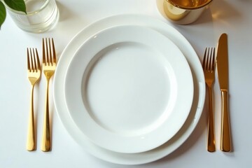 Elegant white porcelain dinner plates & gold cutlery set, spoon, dining, clean