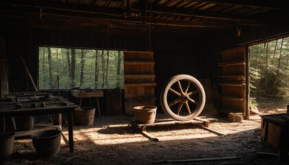 Rustic workshop interior showcases an old wooden wheel bathed in sunlight with forest views outside.