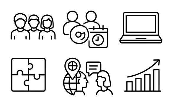 Teamwork and communication outline icons set – linear, collaborative, project symbols