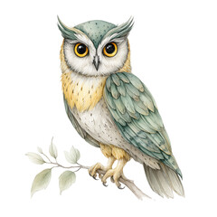 Fototapeta premium Watercolor illustration shows a cute owl sitting on a branch in nature.