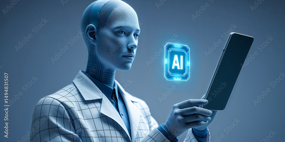 Poster robot interacts with digital ai interface in a futuristic laboratory setting during the day