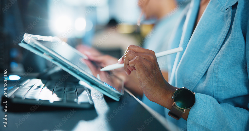 Poster Tablet, developer and pen with hands of person in office for game designer, coding app and ux update. Software development, graphics upgrade and level gameplay with closeup of employee in agency