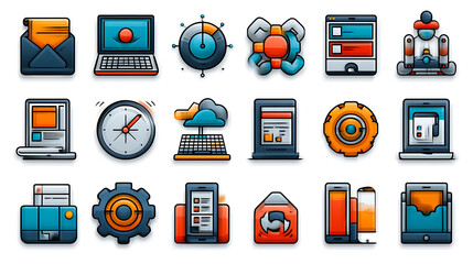 Digital icons representing technology tools online environment art modern design creative perspective