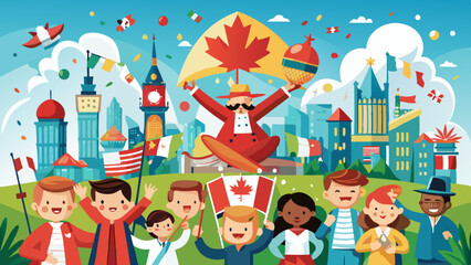 Fototapeta premium Joyful Canada Day celebration in city with multicultural crowd, waving flags, iconic landmarks, confetti and a man holding a maple leaf banner in festive spirit