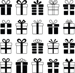 Collection of Gift Box Icons in Black and White Styles with Ribbons and Bows for Holiday Promotions, Celebrations, and E-Commerce Graphics