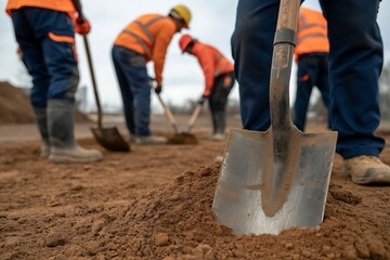 Construction Workers Digging with Shovels in Brown Soil