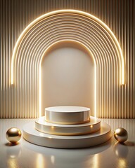 Elegant minimalist 3d render of a stage with golden elements and a bright light