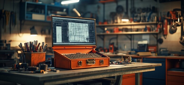 Vintage Computer Workstation with Technical Drawings in a Cluttered Workshop