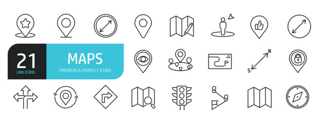 Set of line icons related to navigation, GPS, location, map. Outline icons collection. Editable stroke. Vector illustration stock illustration