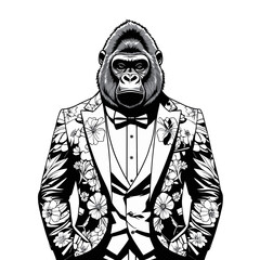 Gorilla wearing flower suit and bow tie. Monkey in jacket with floral print.