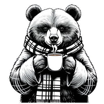 Ink drawing bear holding mug. Animal wearing scarf.