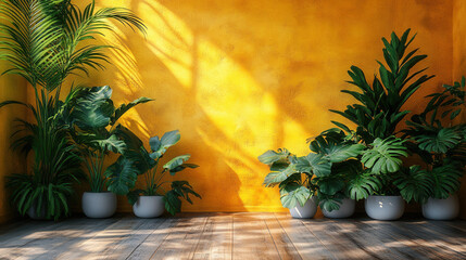 Obraz premium contemporary room with white ornamental plants against vibrant yellow wall