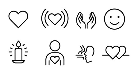 Love and emotion outline icons set – linear, line, romance and feeling symbols