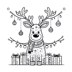 Christmas Reindeer with Gifts and Garland. Doodle illustration of cute animal wearing scarf