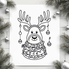 Reindeer with Scarf and Garland. Hand drawn line art for holiday coloring page or greeting card.