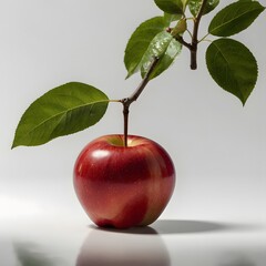 Photorealistic image of a fresh red apple with a leaf