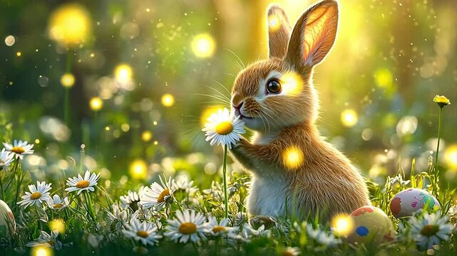Cute rabbit playing with a flower in a field of daisies surrounded by colorful eggs during springtime