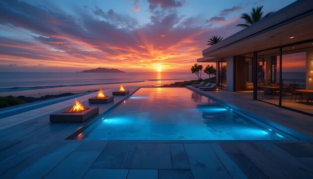 Serene beachfront luxury pool at sunset