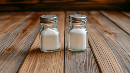 Salt and pepper shakers positioned on wooden table surface  
