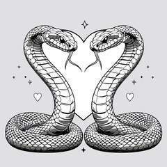 Fototapeta premium Snake Heart Love Tattoo. Two cobras form heart shape. Vector illustration of reptile couple with for wedding or valentine card